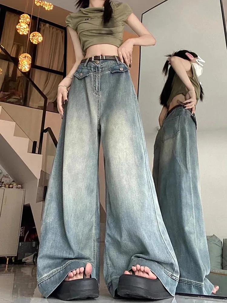 Aiertu Spring Women Vintage Y2k Baggy Jeans High Waist Oversized American Trouser Denim Wide Leg Streetwear Straight Basic Pants