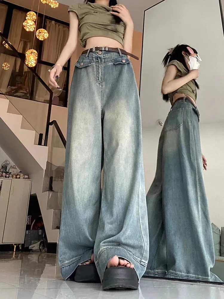 Aiertu Spring Women Vintage Y2k Baggy Jeans High Waist Oversized American Trouser Denim Wide Leg Streetwear Straight Basic Pants