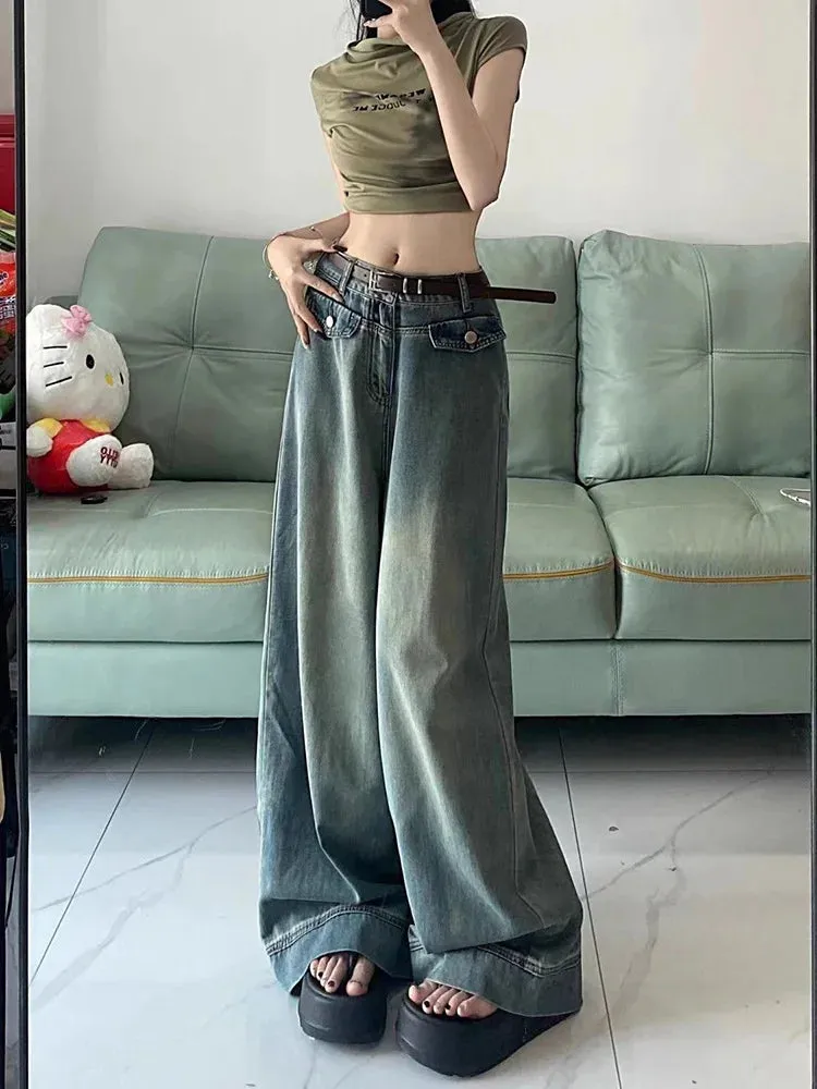Aiertu Spring Women Vintage Y2k Baggy Jeans High Waist Oversized American Trouser Denim Wide Leg Streetwear Straight Basic Pants