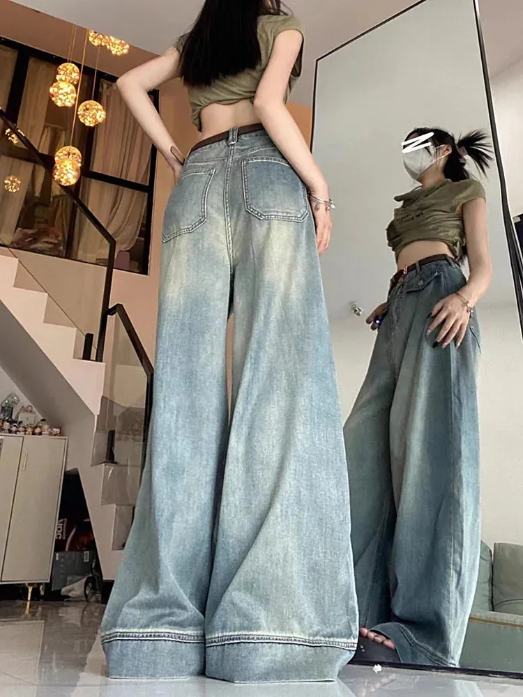 Aiertu Spring Women Vintage Y2k Baggy Jeans High Waist Oversized American Trouser Denim Wide Leg Streetwear Straight Basic Pants