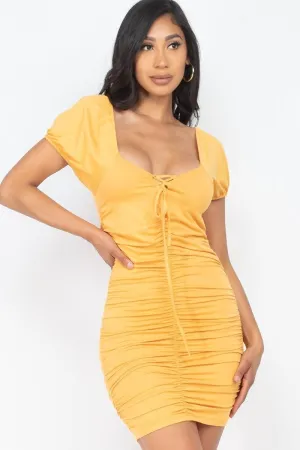 Amber Yellow Front Lace Up V Neck Short Sleeve Bodycon Ruched Party Clubwear Mini Dress_