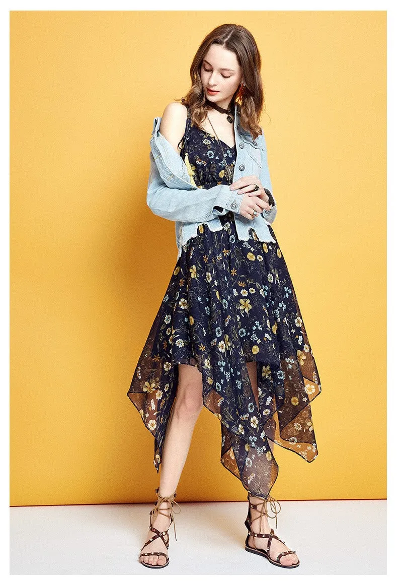 ARTKA FLORAL PRINT ASYMETRIC RUFFLE HEM CHIFFON DRESS