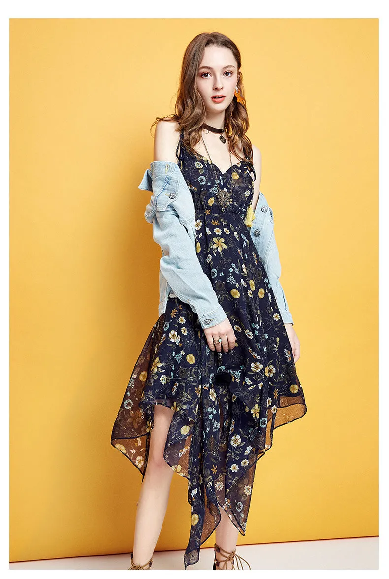 ARTKA FLORAL PRINT ASYMETRIC RUFFLE HEM CHIFFON DRESS