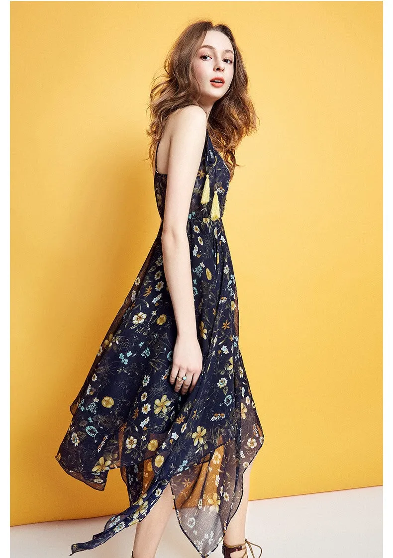 ARTKA FLORAL PRINT ASYMETRIC RUFFLE HEM CHIFFON DRESS