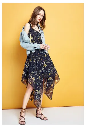 ARTKA FLORAL PRINT ASYMETRIC RUFFLE HEM CHIFFON DRESS