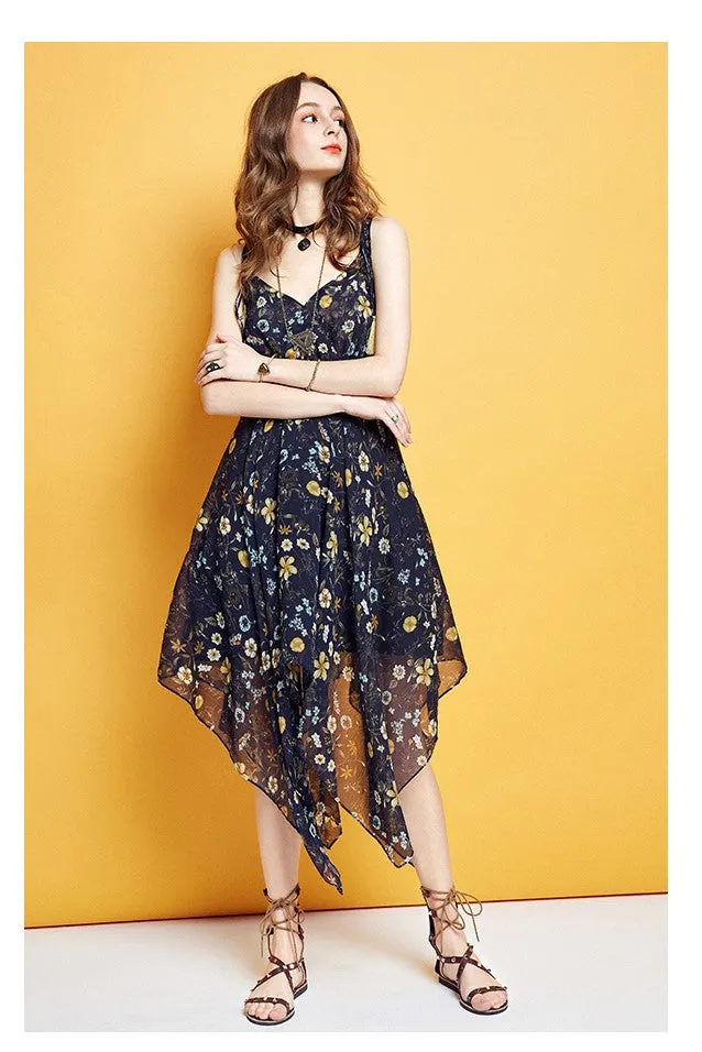 ARTKA FLORAL PRINT ASYMETRIC RUFFLE HEM CHIFFON DRESS