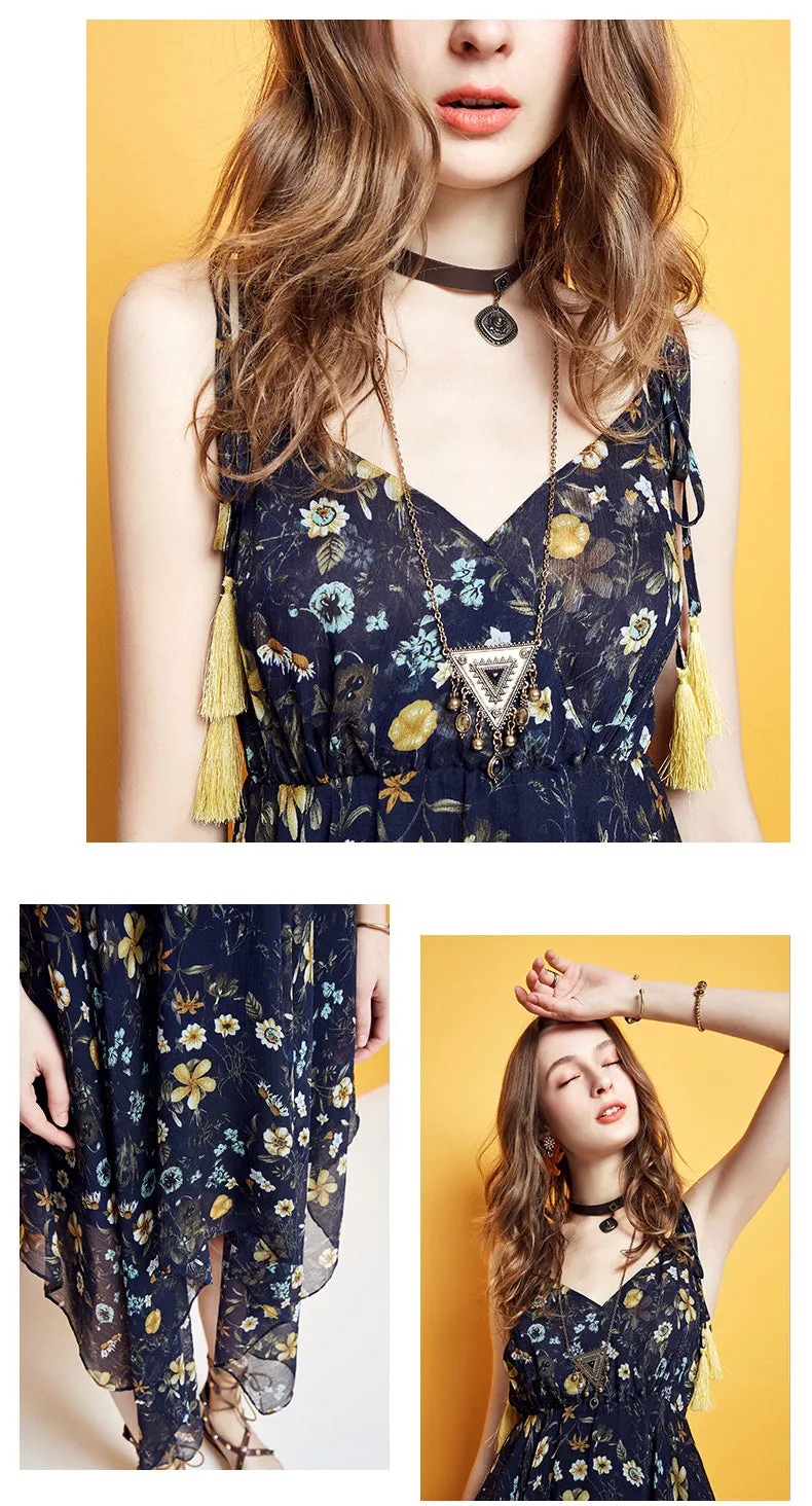 ARTKA FLORAL PRINT ASYMETRIC RUFFLE HEM CHIFFON DRESS