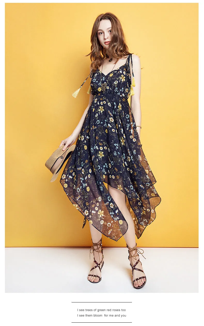 ARTKA FLORAL PRINT ASYMETRIC RUFFLE HEM CHIFFON DRESS
