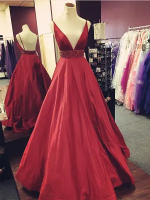 Ball Gown Prom Dresses V-neck Beading Sexy Long Open Back Prom Dress JKL858