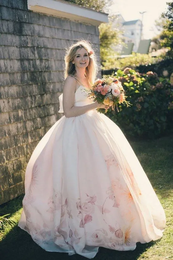 Ball Gown Wedding Dresses Floor-length Chic Floral Print Open Back Bridal Gown JKW343