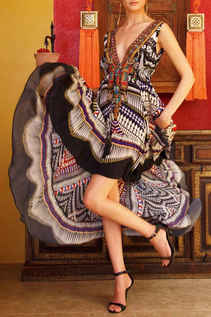 Black and White African High Low Dress