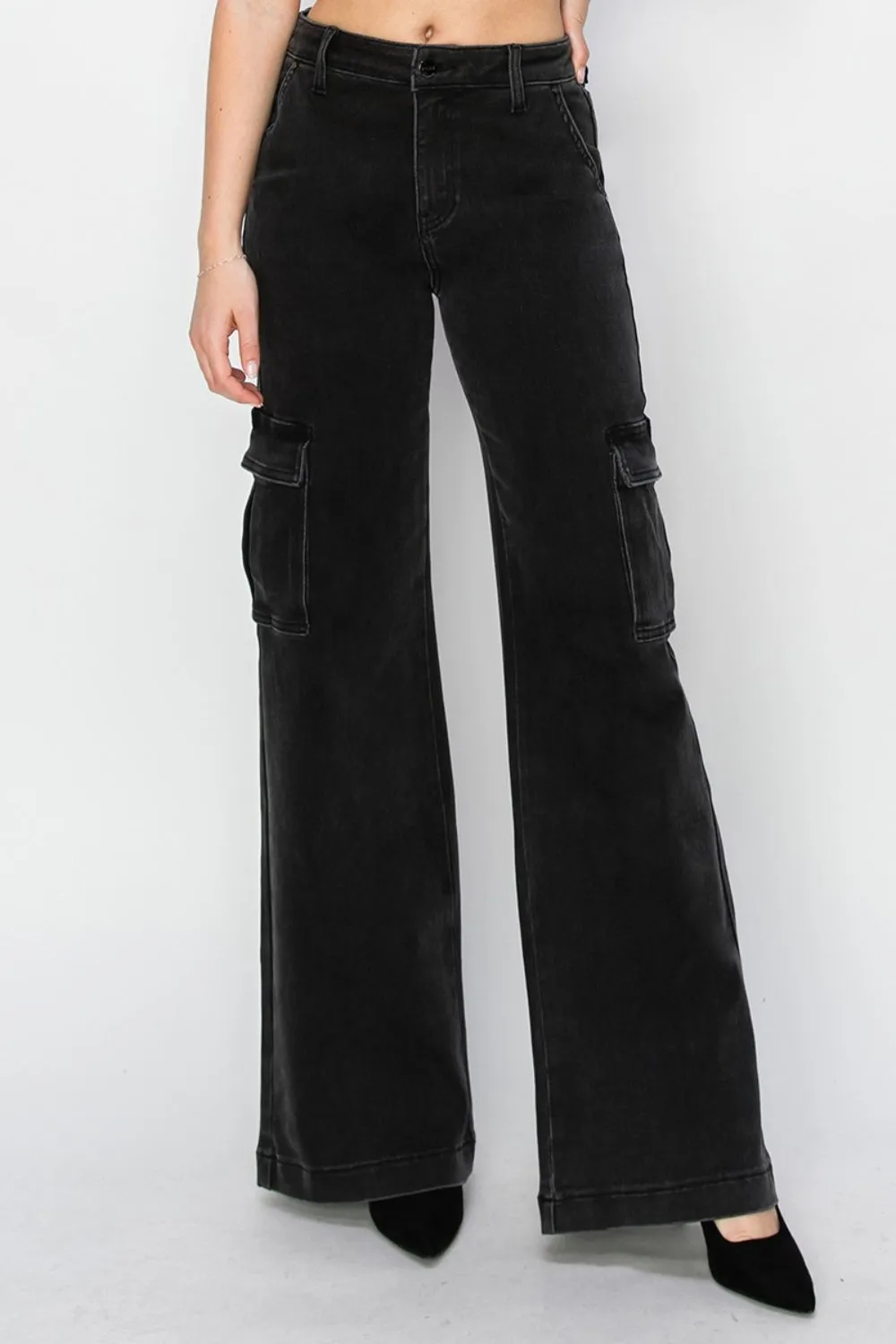 Black High Rise Wide Leg Cargo Jeans Sz. 24-3XL