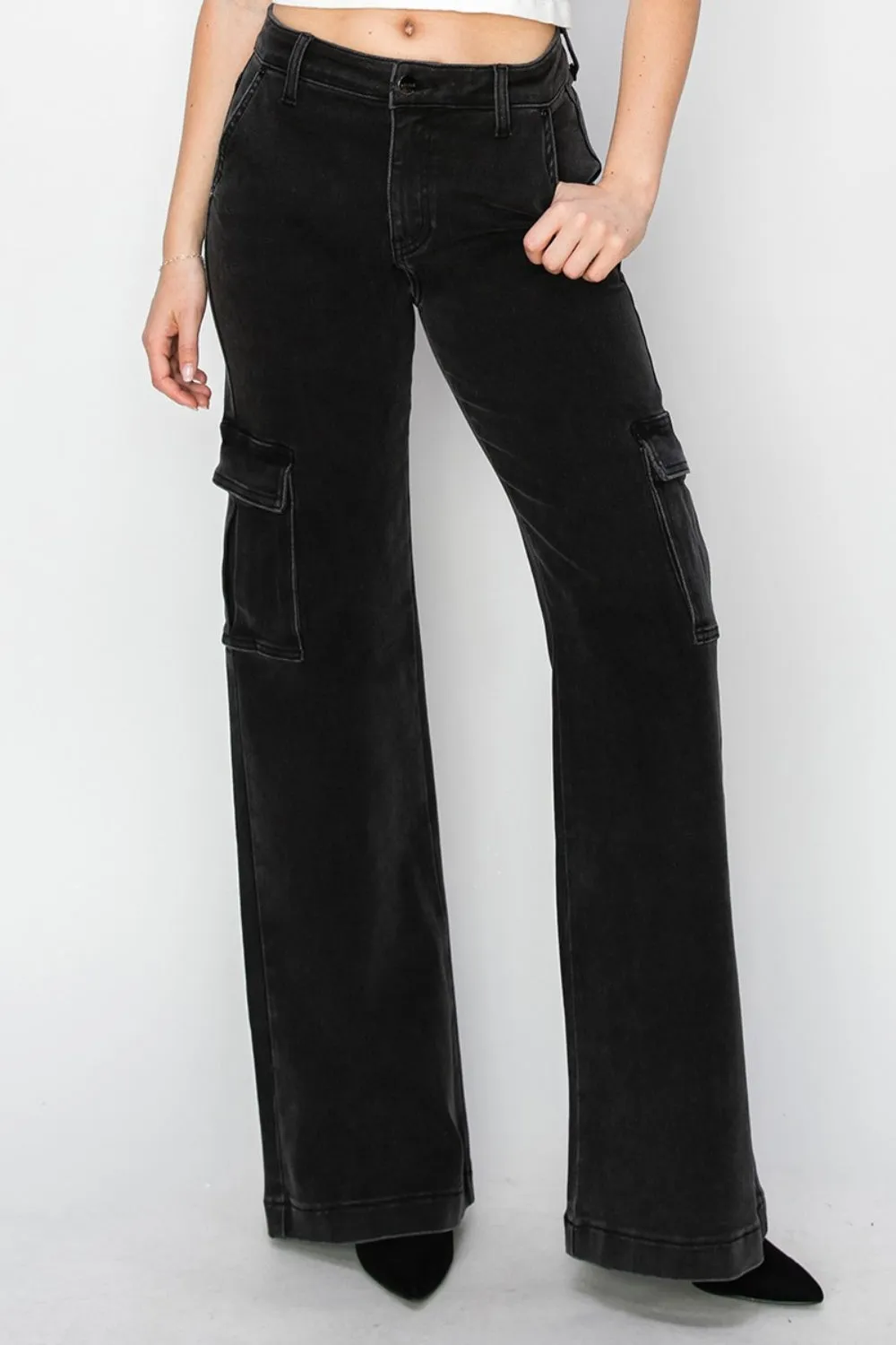 Black High Rise Wide Leg Cargo Jeans Sz. 24-3XL