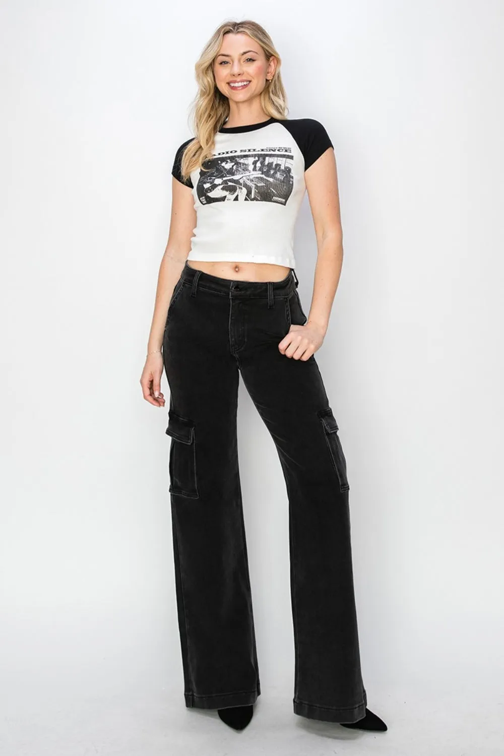 Black High Rise Wide Leg Cargo Jeans Sz. 24-3XL