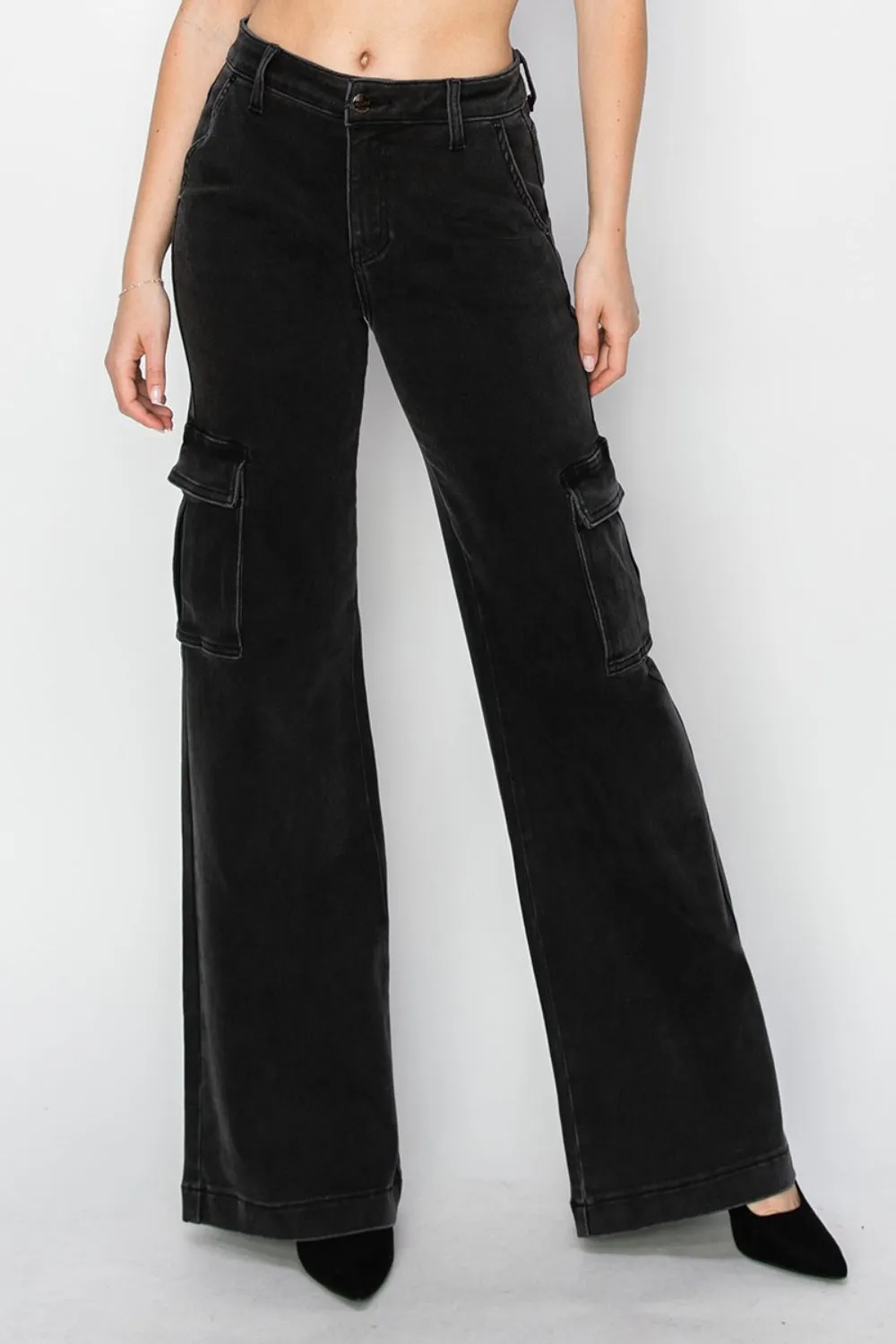 Black High Rise Wide Leg Cargo Jeans Sz. 24-3XL