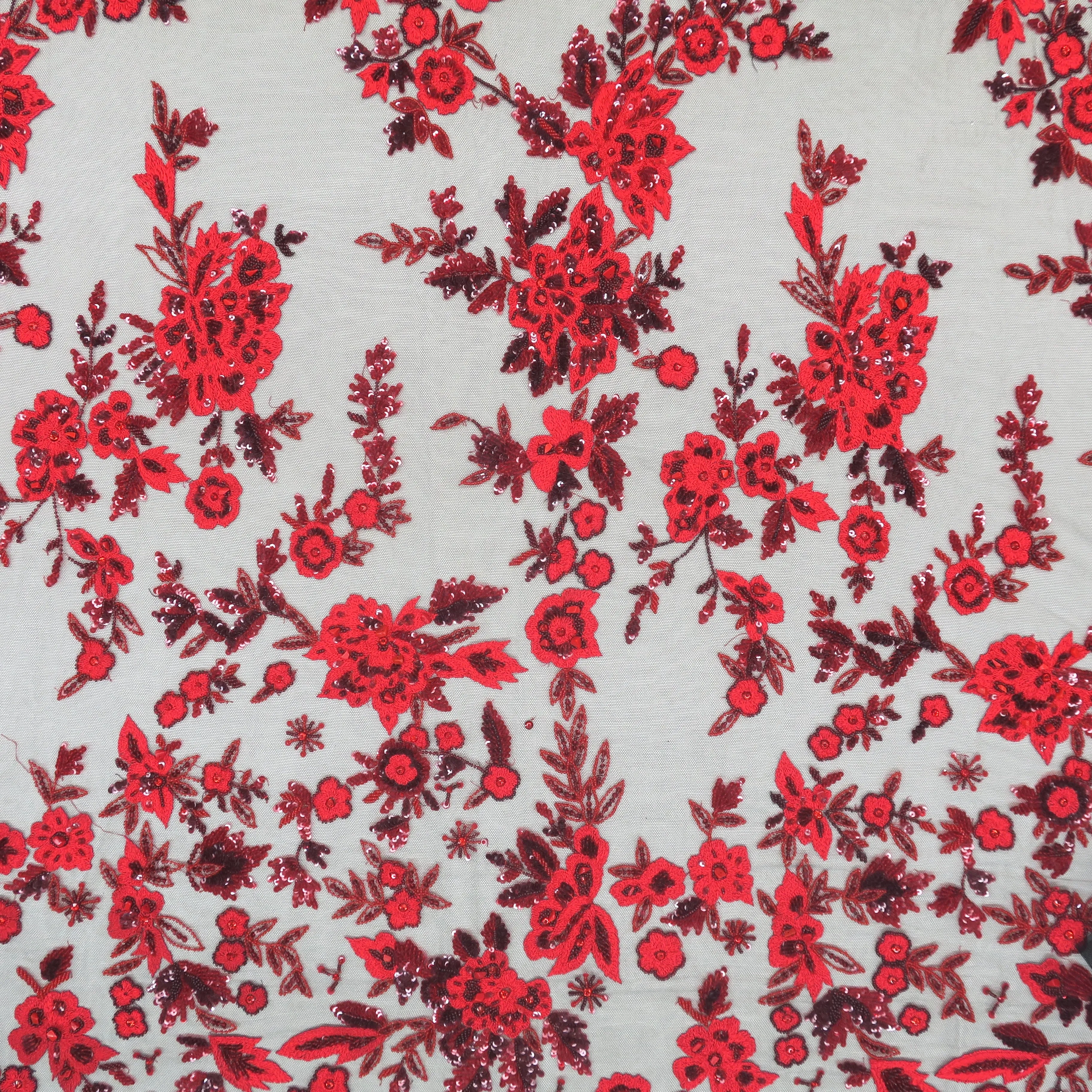Black Tulle with Red Sequin Floral Design Embroidered Fabric