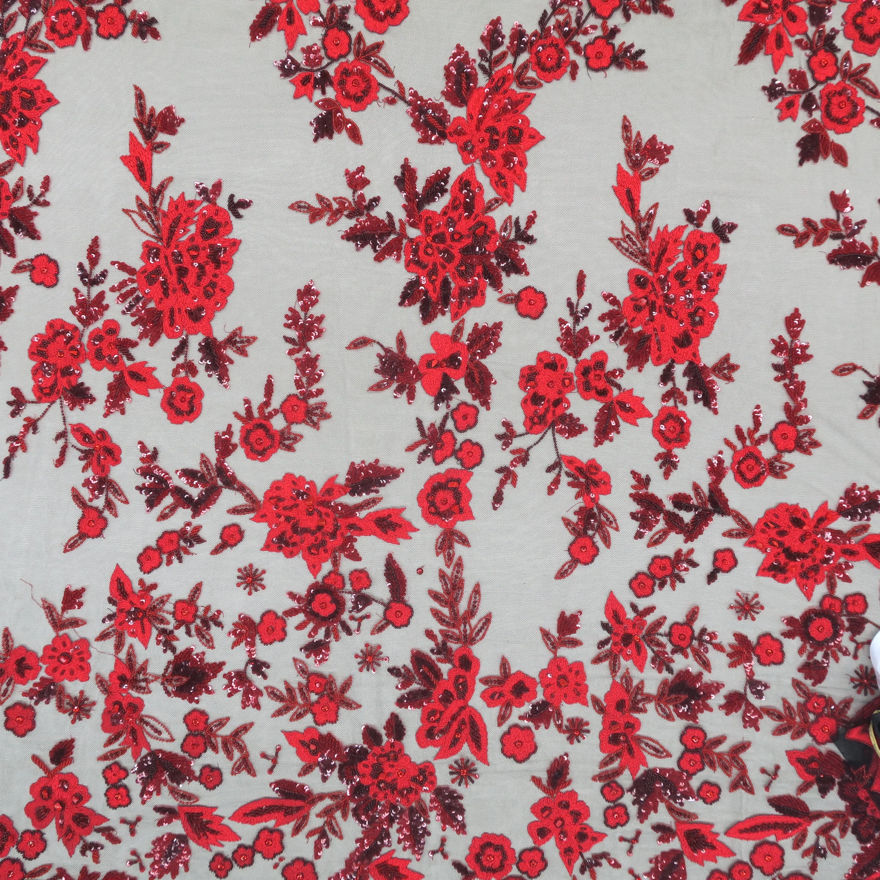 Black Tulle with Red Sequin Floral Design Embroidered Fabric