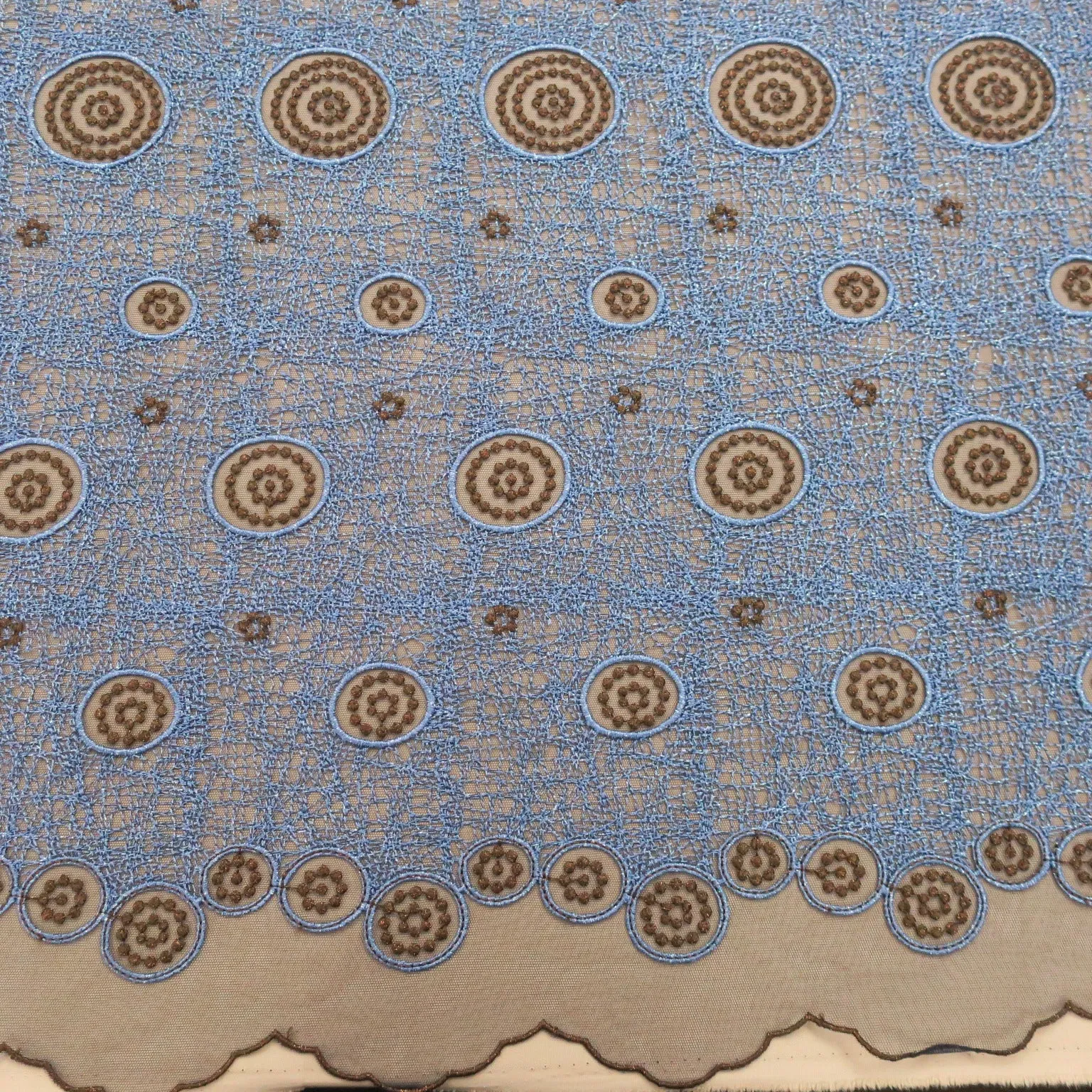 Blue Geometric Circles Embroidered Tulle Fabric