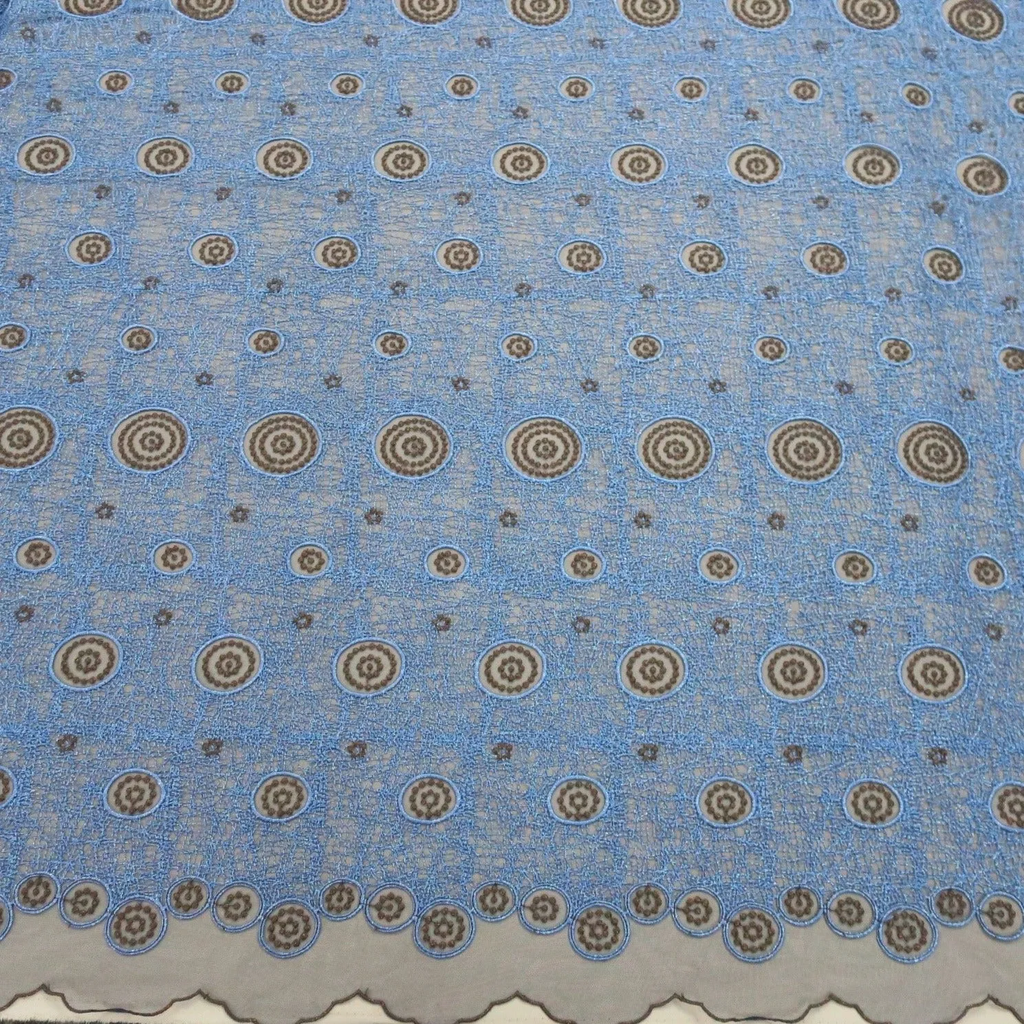Blue Geometric Circles Embroidered Tulle Fabric