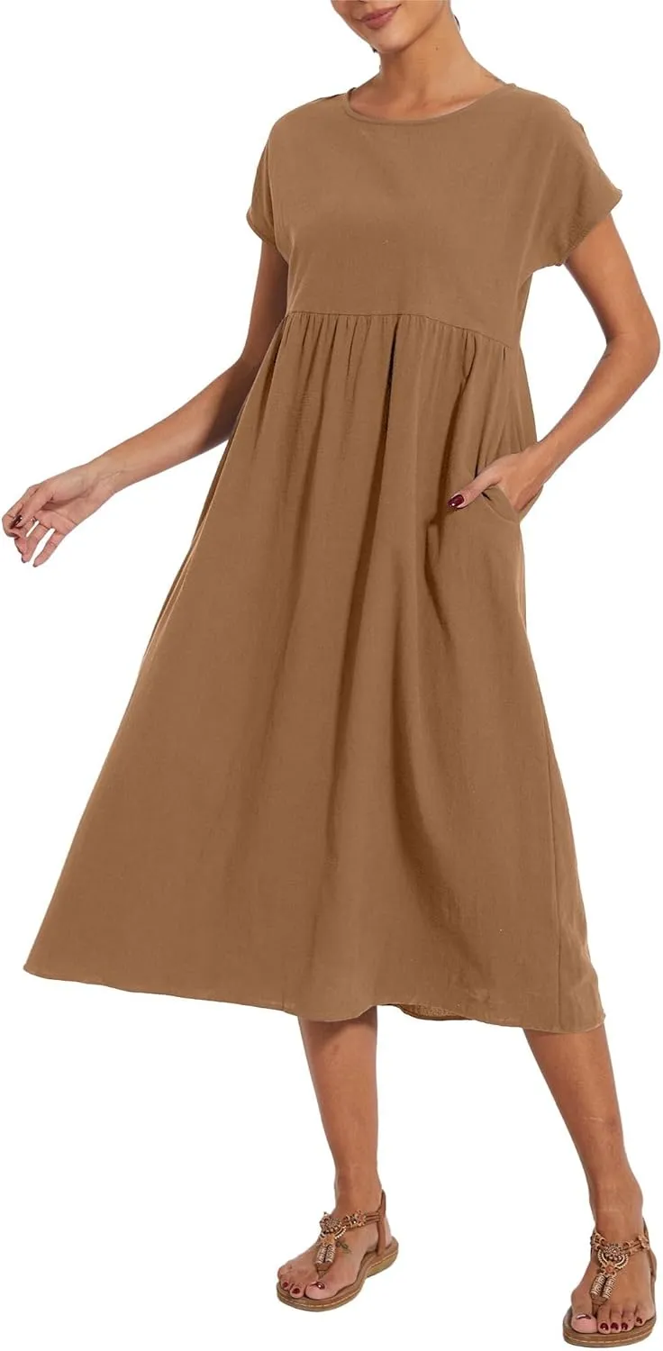 Costaric Cotton Dresses for Women 2025 Women's Summer Short Sleeve Midi Dress Casual Loose Beach Dress with Pockets