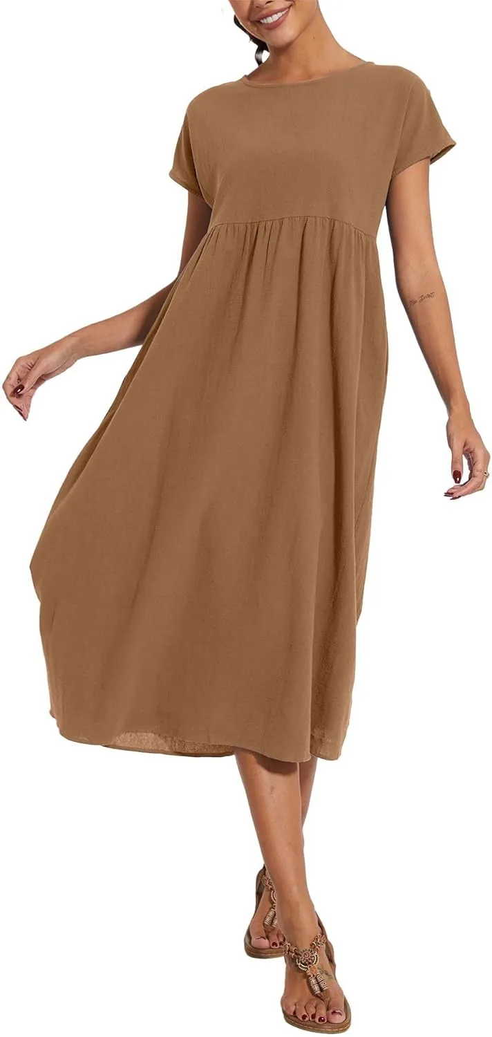 Costaric Cotton Dresses for Women 2025 Women's Summer Short Sleeve Midi Dress Casual Loose Beach Dress with Pockets