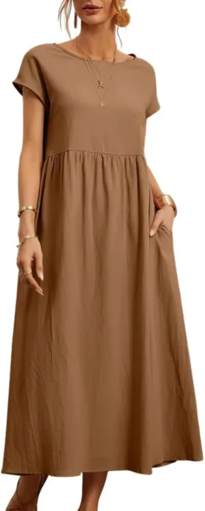 Costaric Cotton Dresses for Women 2025 Women's Summer Short Sleeve Midi Dress Casual Loose Beach Dress with Pockets