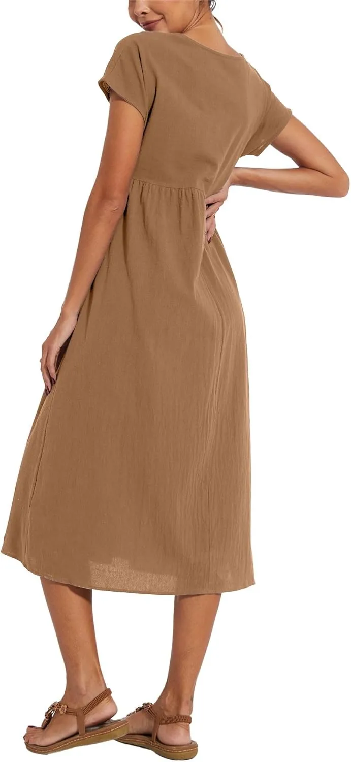 Costaric Cotton Dresses for Women 2025 Women's Summer Short Sleeve Midi Dress Casual Loose Beach Dress with Pockets