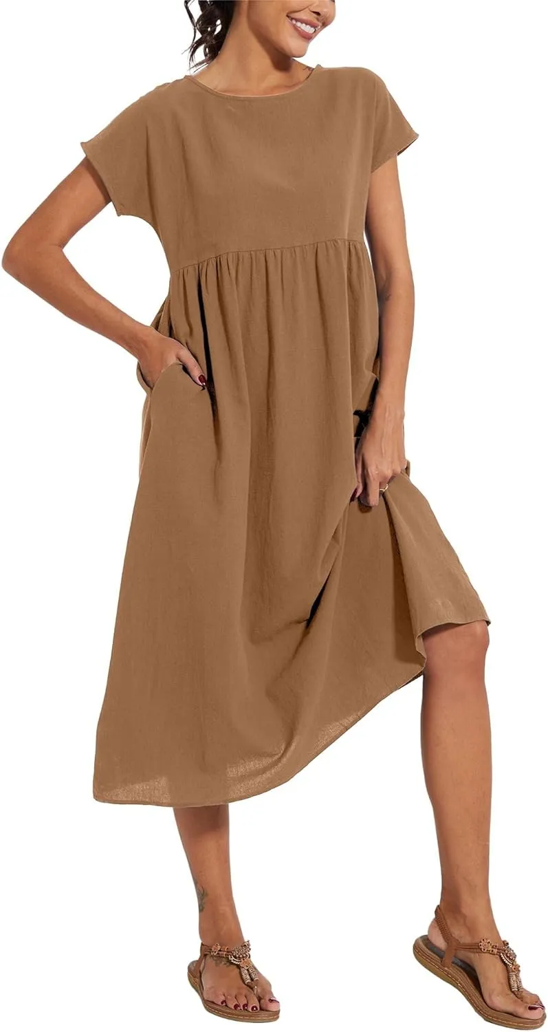 Costaric Cotton Dresses for Women 2025 Women's Summer Short Sleeve Midi Dress Casual Loose Beach Dress with Pockets