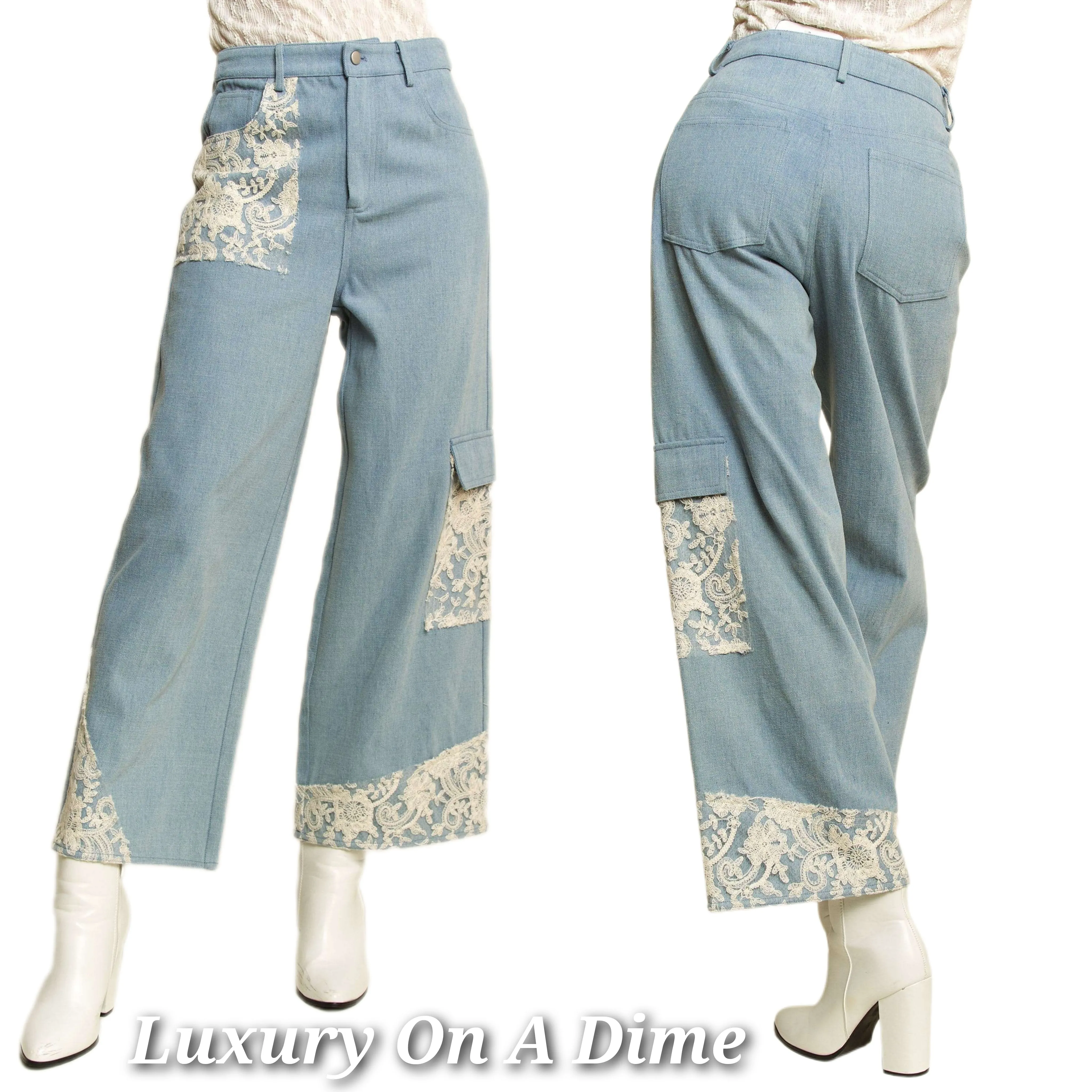 Davi & Dani Jeans Lace Cargo Patchwork High-Rise Relaxed Wide Leg Denim Pants
