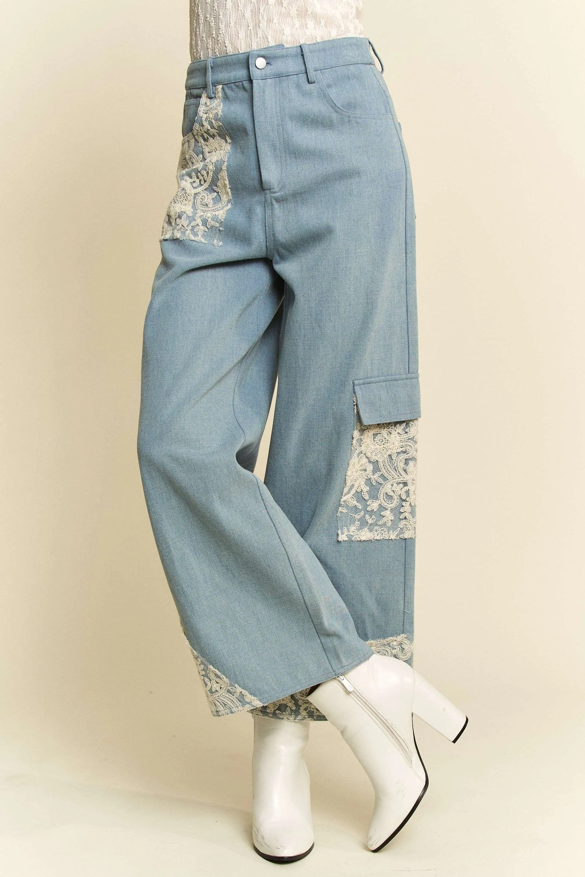 Davi & Dani Jeans Lace Cargo Patchwork High-Rise Relaxed Wide Leg Denim Pants
