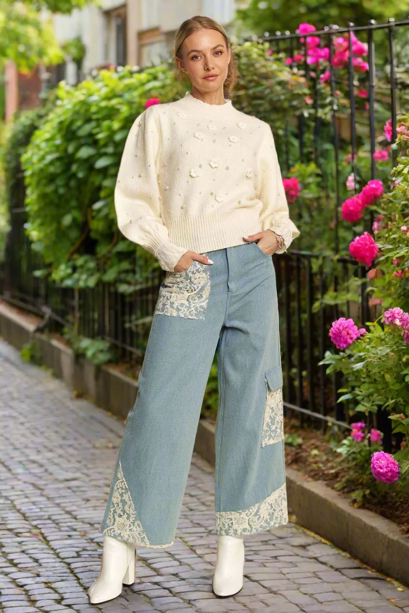 Davi & Dani Jeans Lace Cargo Patchwork High-Rise Relaxed Wide Leg Denim Pants
