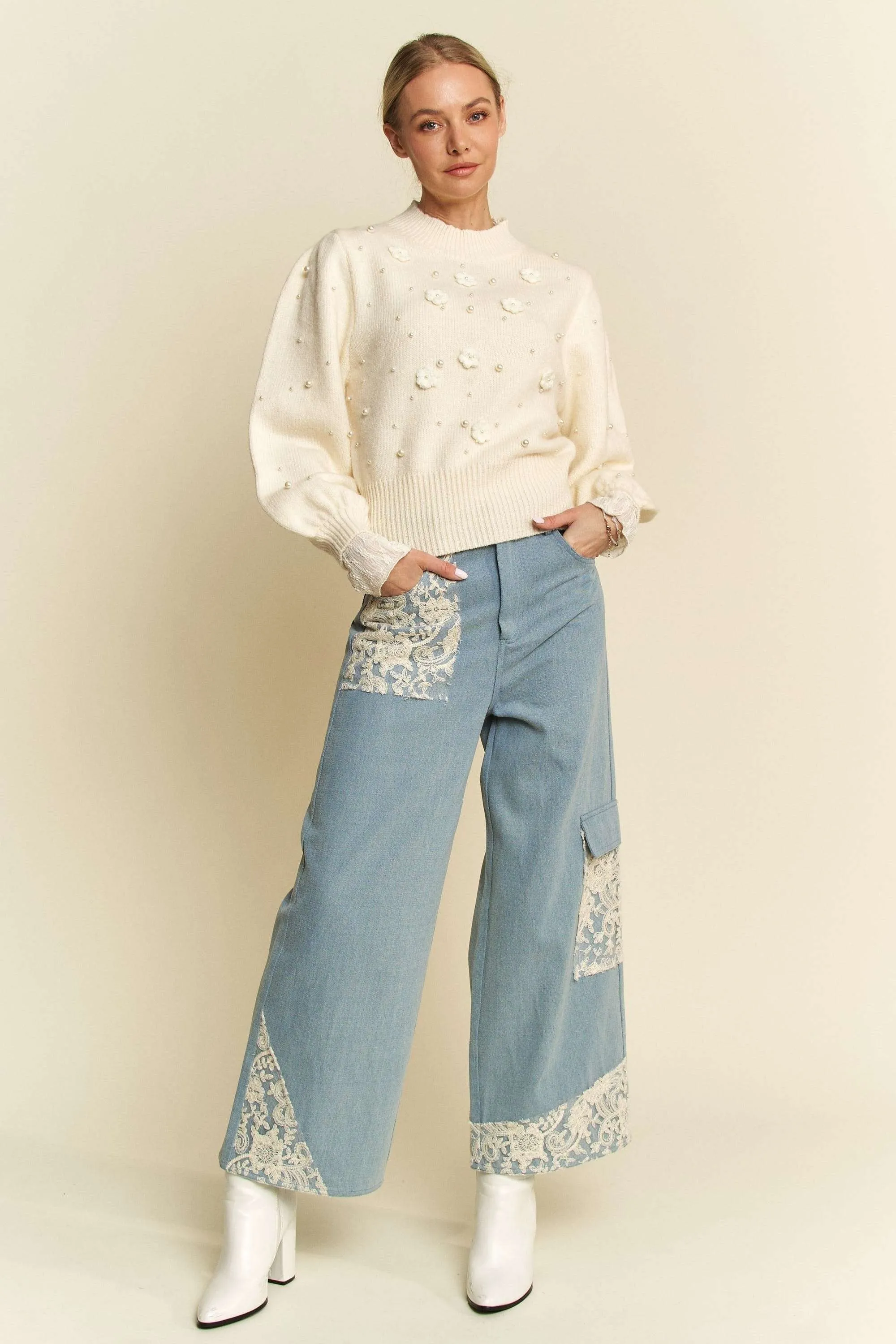 Davi & Dani Jeans Lace Cargo Patchwork High-Rise Relaxed Wide Leg Denim Pants