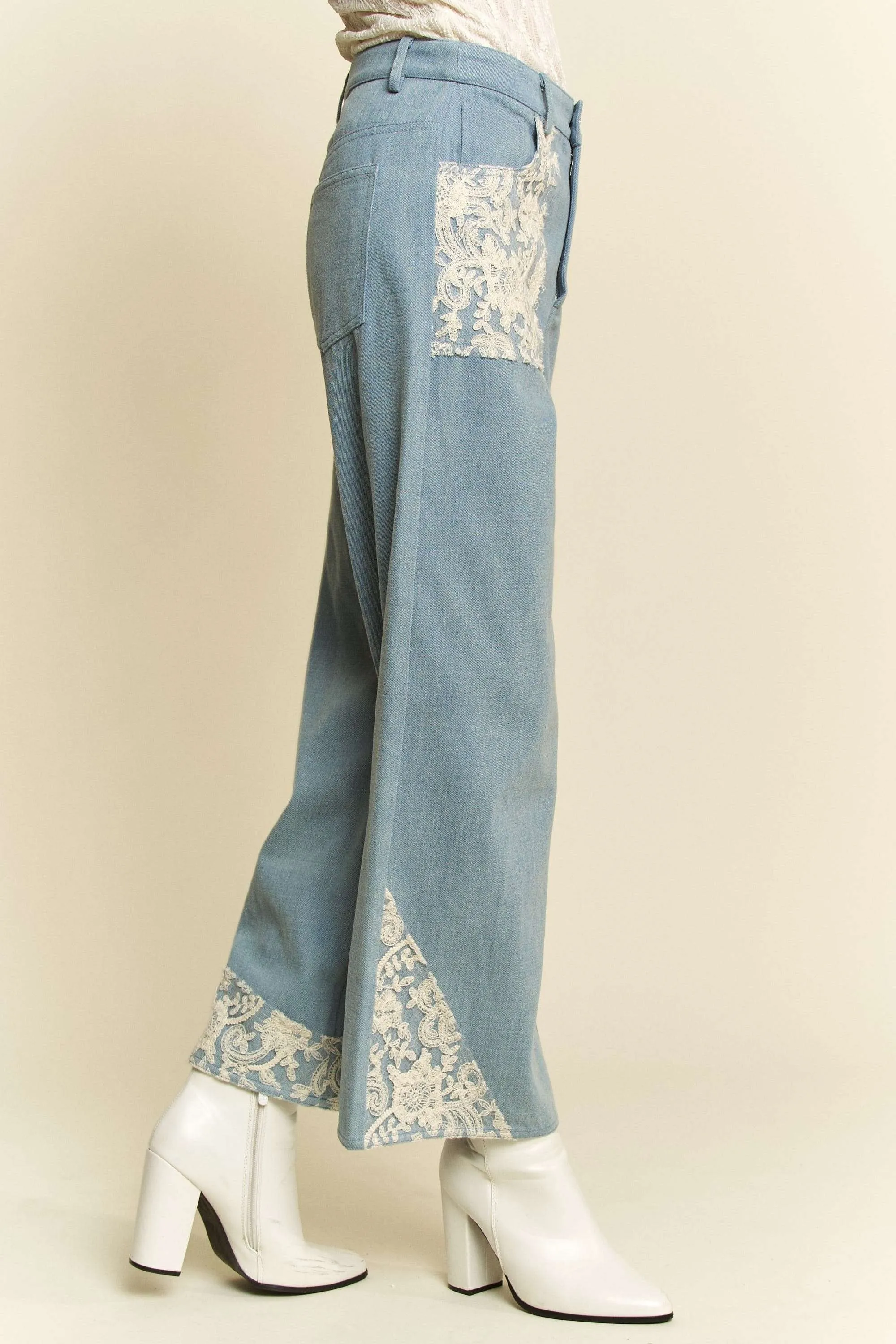 Davi & Dani Jeans Lace Cargo Patchwork High-Rise Relaxed Wide Leg Denim Pants