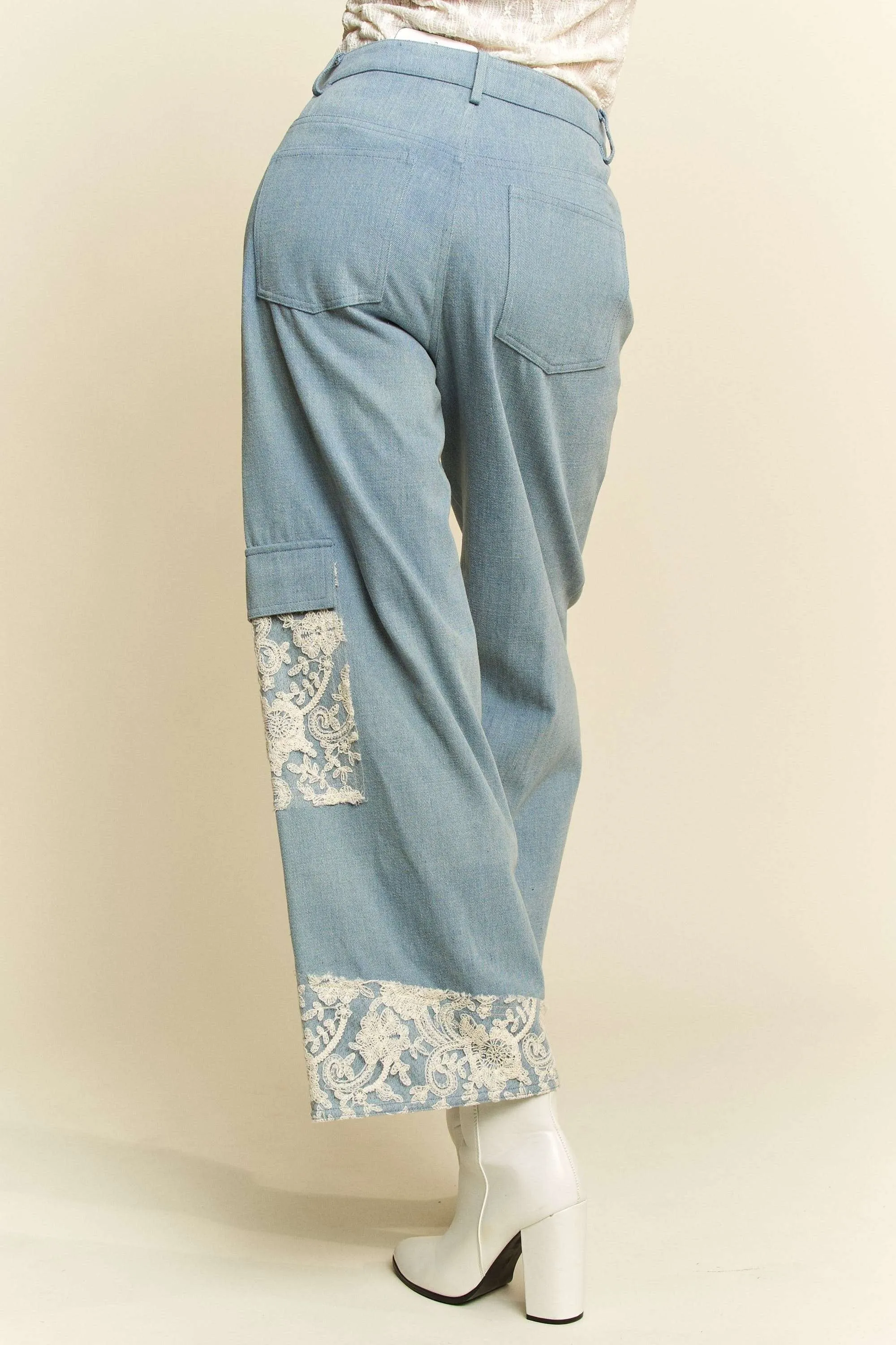 Davi & Dani Jeans Lace Cargo Patchwork High-Rise Relaxed Wide Leg Denim Pants