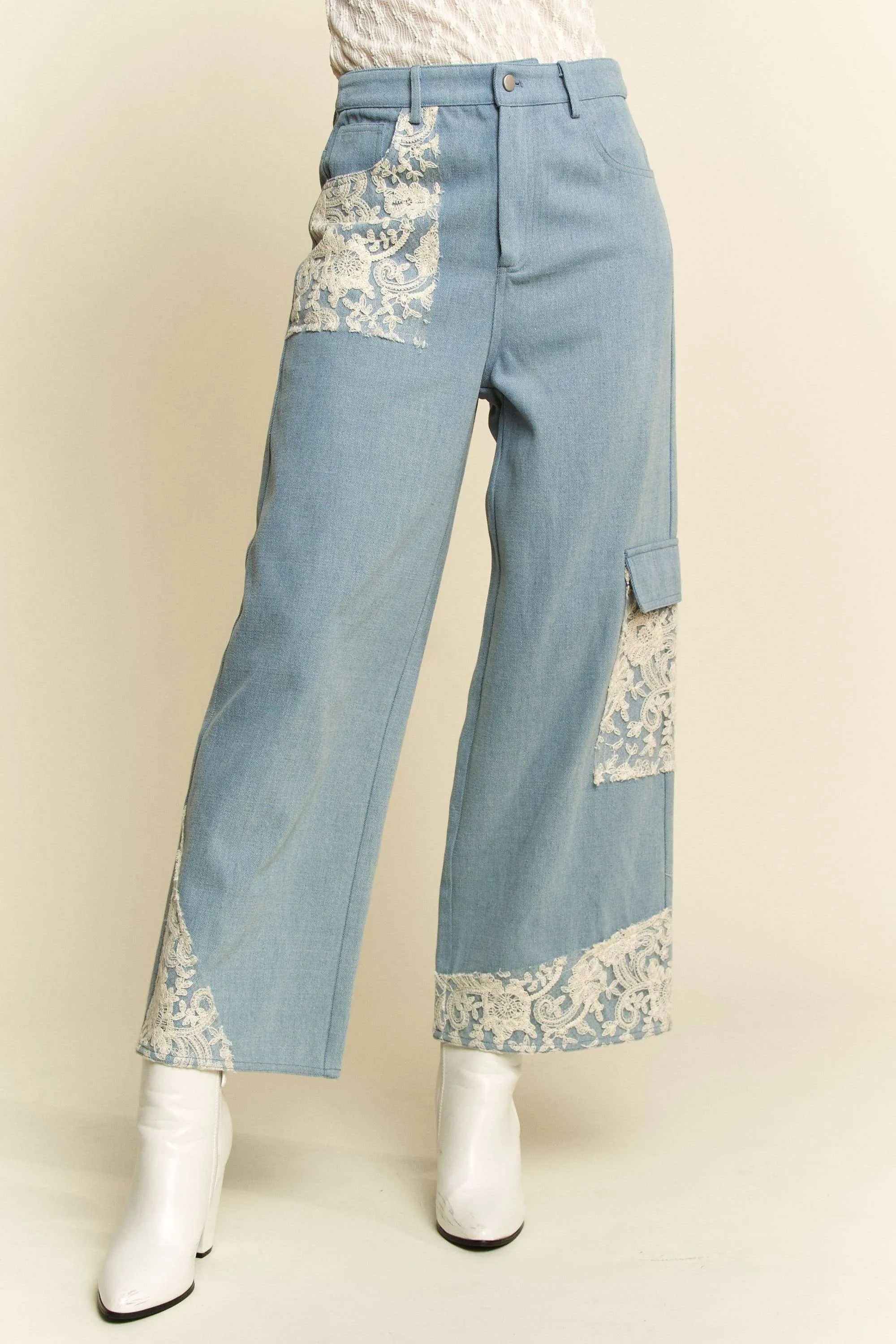 Davi & Dani Jeans Lace Cargo Patchwork High-Rise Relaxed Wide Leg Denim Pants