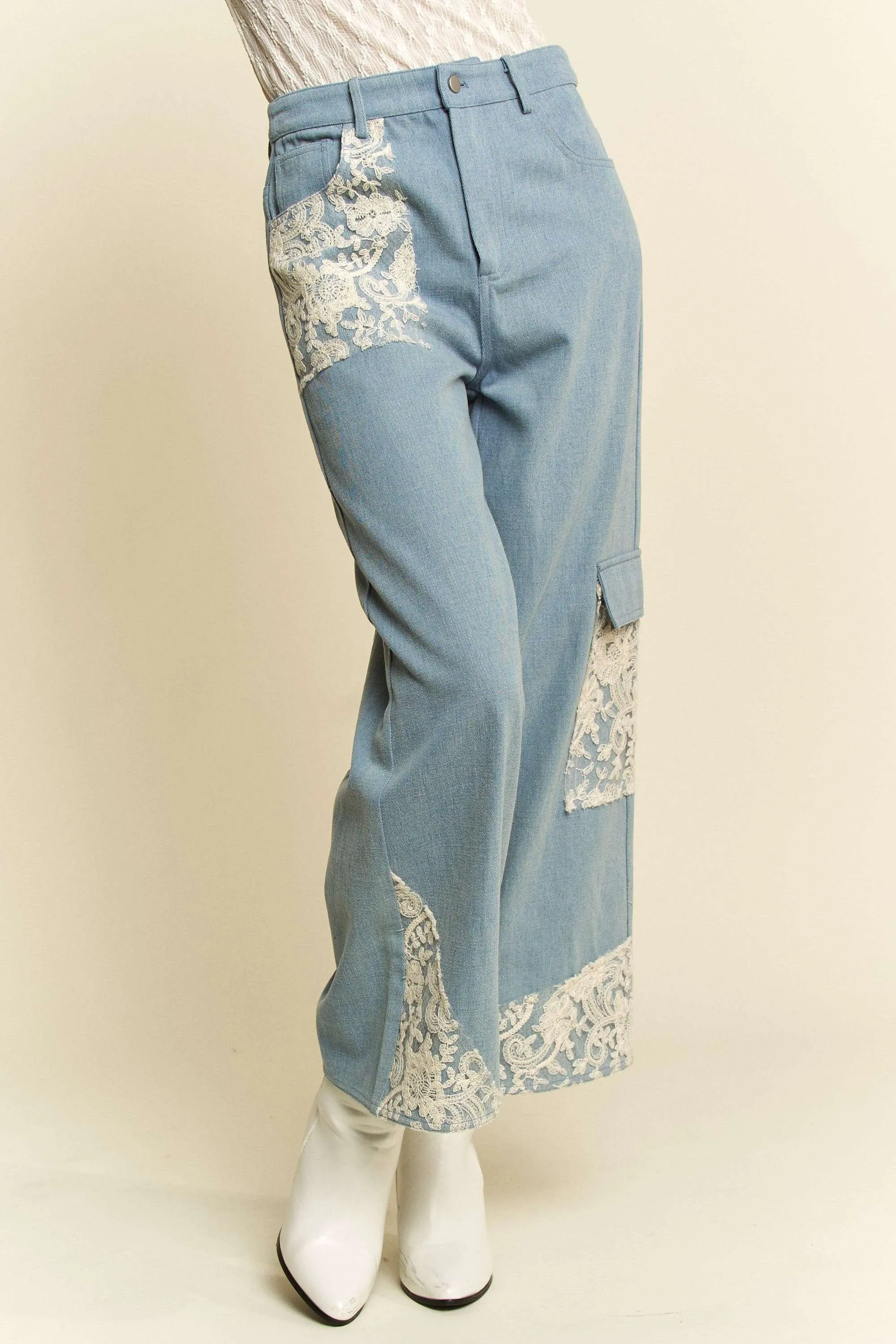 Davi & Dani Jeans Lace Cargo Patchwork High-Rise Relaxed Wide Leg Denim Pants