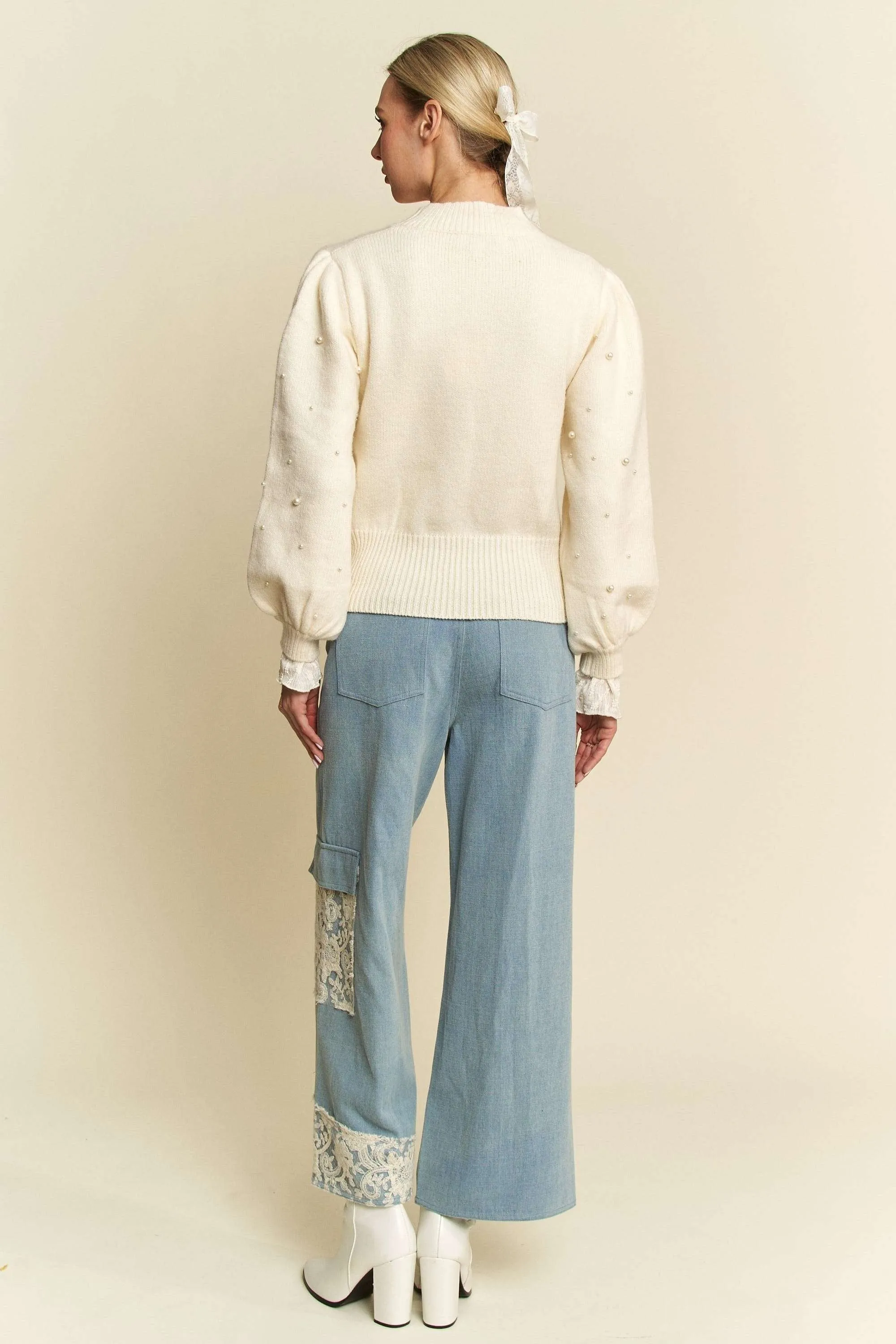 Davi & Dani Jeans Lace Cargo Patchwork High-Rise Relaxed Wide Leg Denim Pants