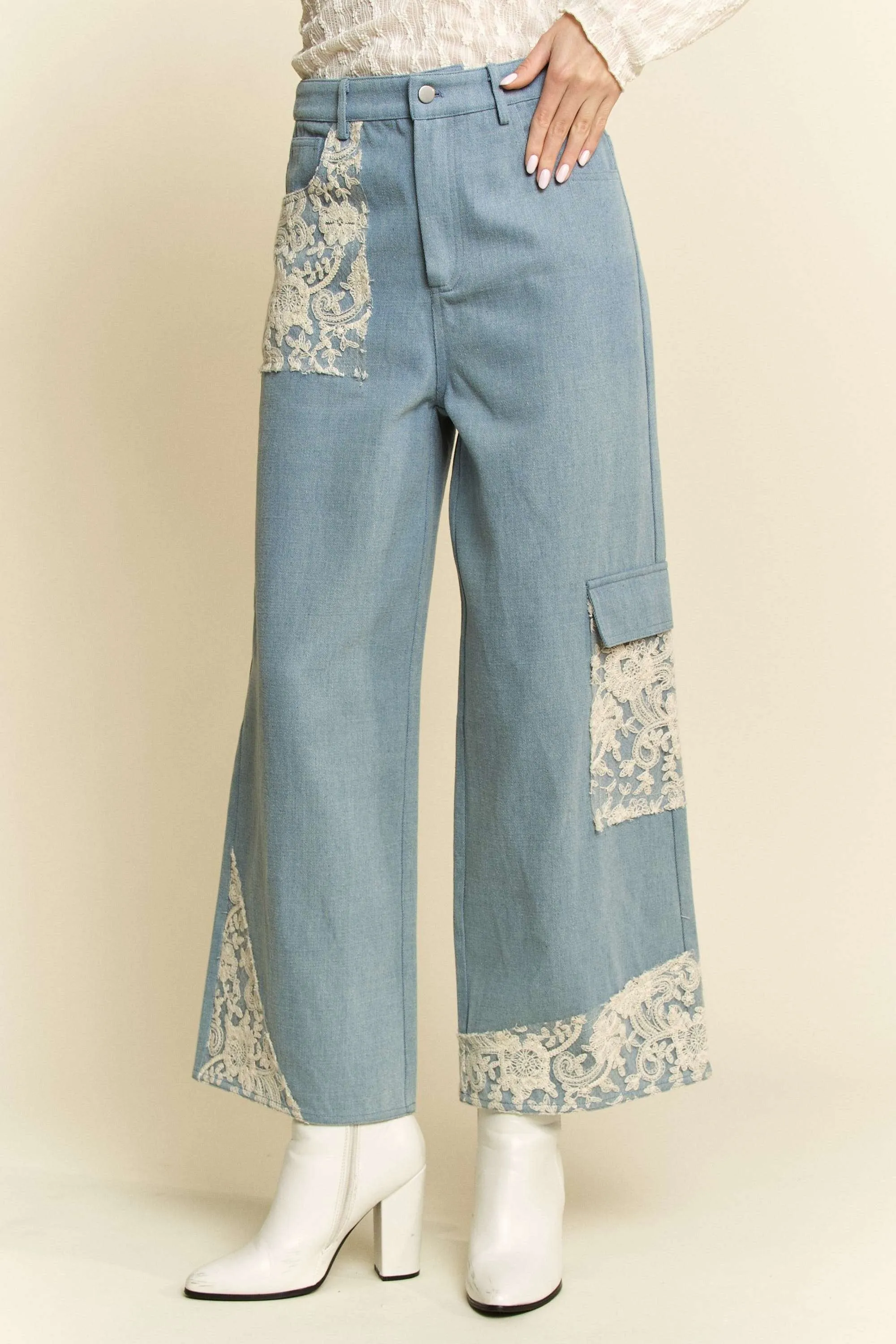 Davi & Dani Jeans Lace Cargo Patchwork High-Rise Relaxed Wide Leg Denim Pants