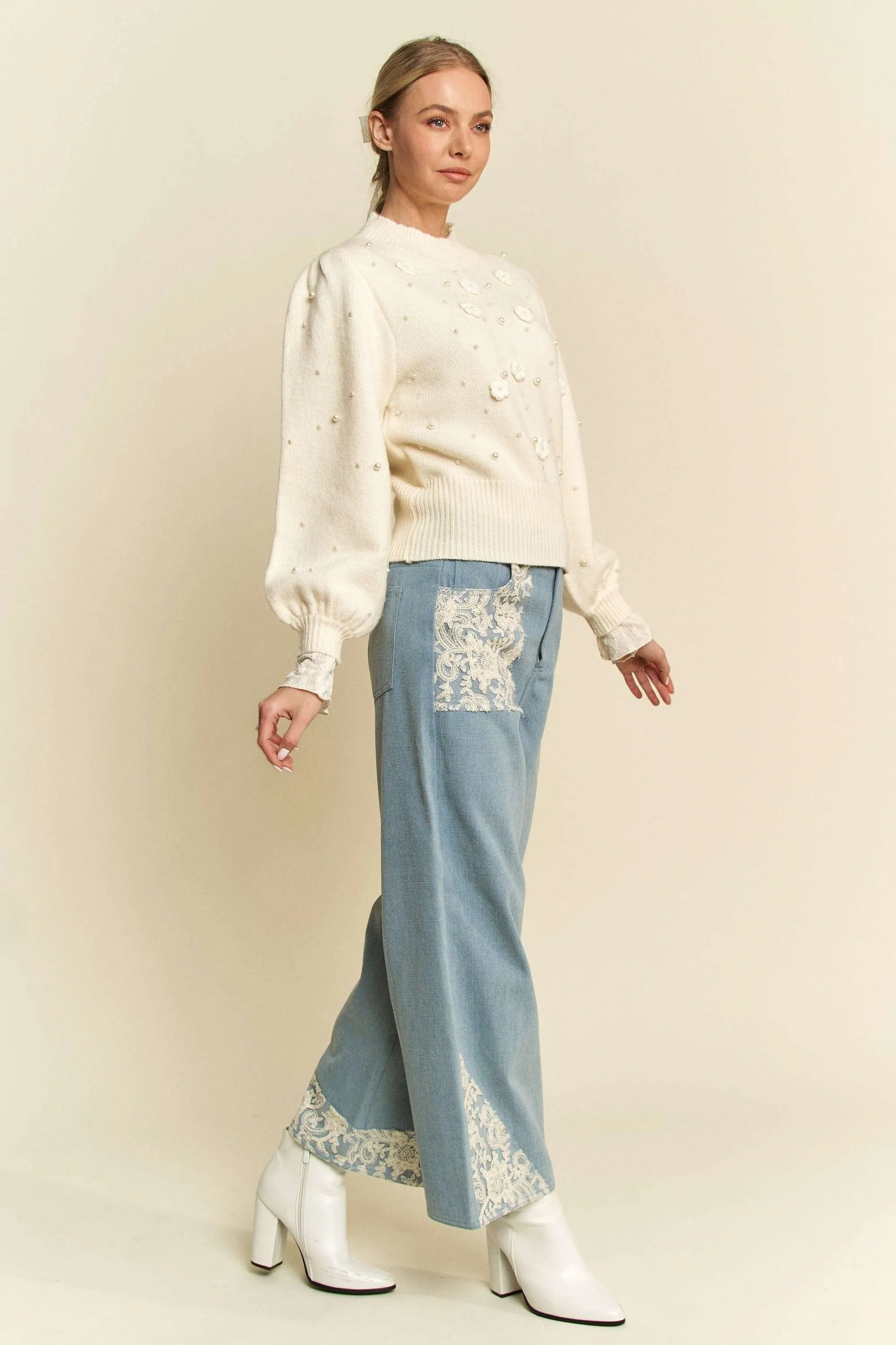Davi & Dani Jeans Lace Cargo Patchwork High-Rise Relaxed Wide Leg Denim Pants