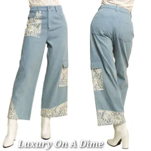 Davi & Dani Jeans Lace Cargo Patchwork High-Rise Relaxed Wide Leg Denim Pants