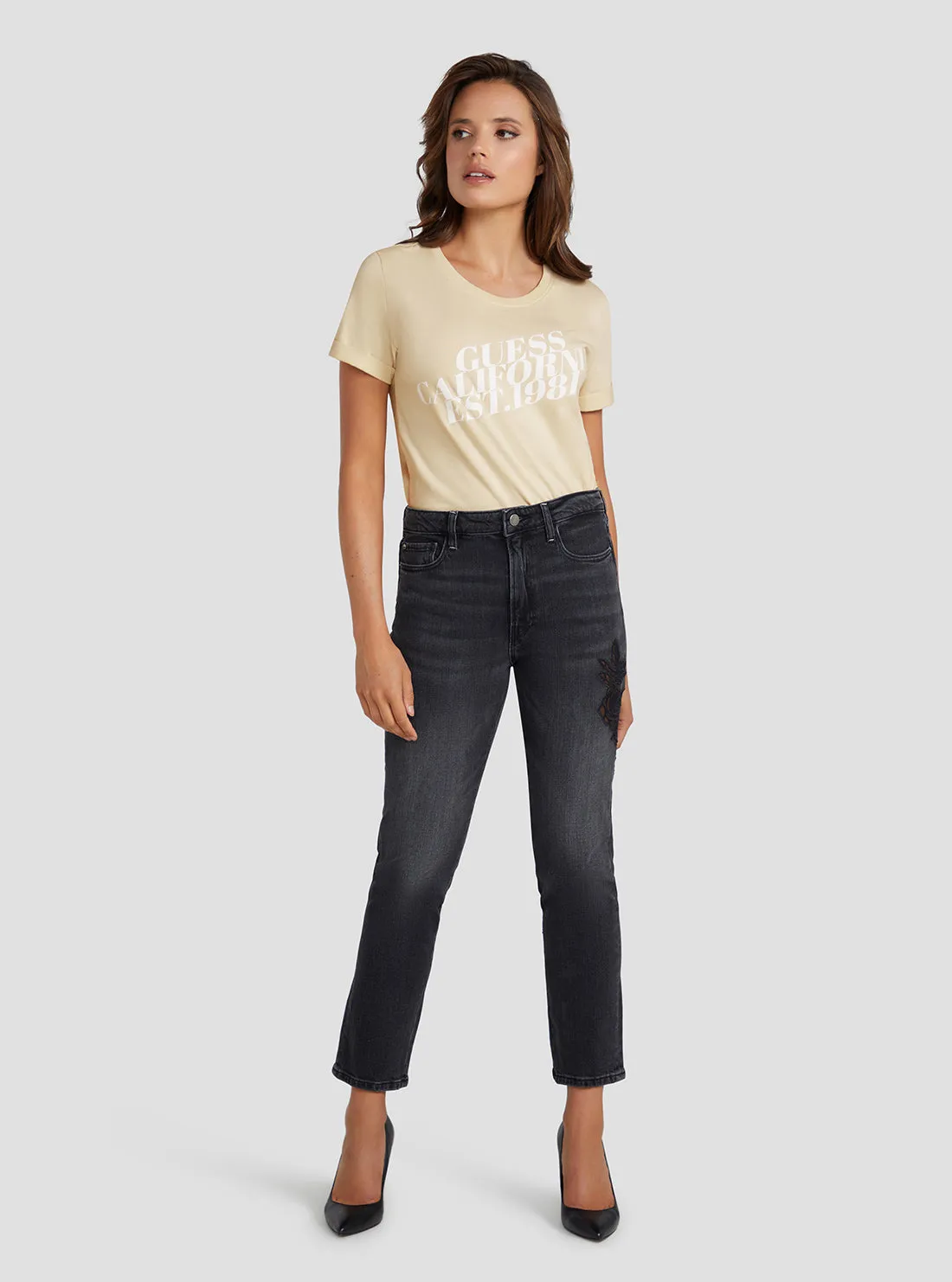 Eco High-Rise Straight Leg Girly Denim Jeans In Authentic Flower Wash