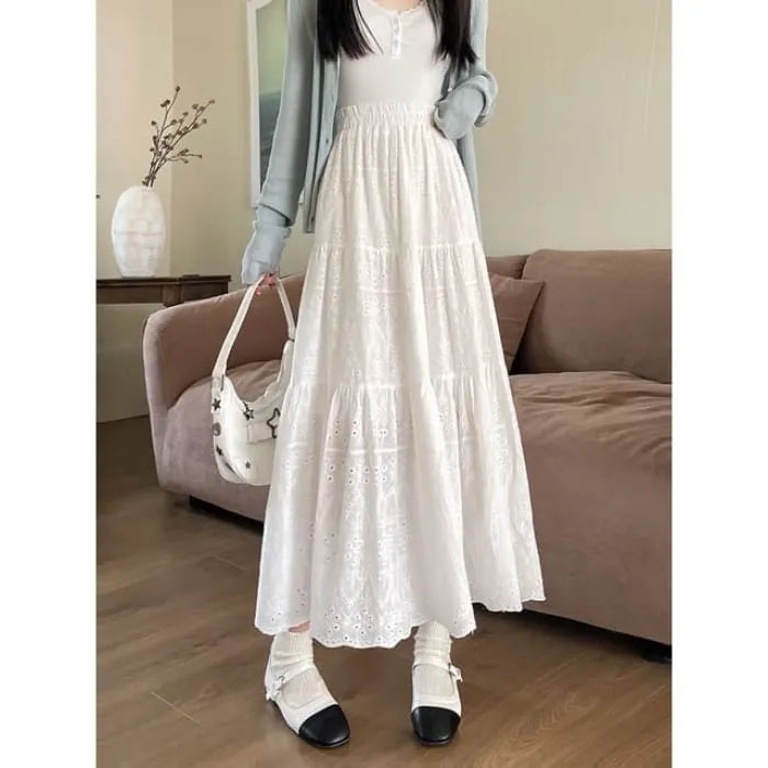 Elastic Waist Embroidered Tiered Midi