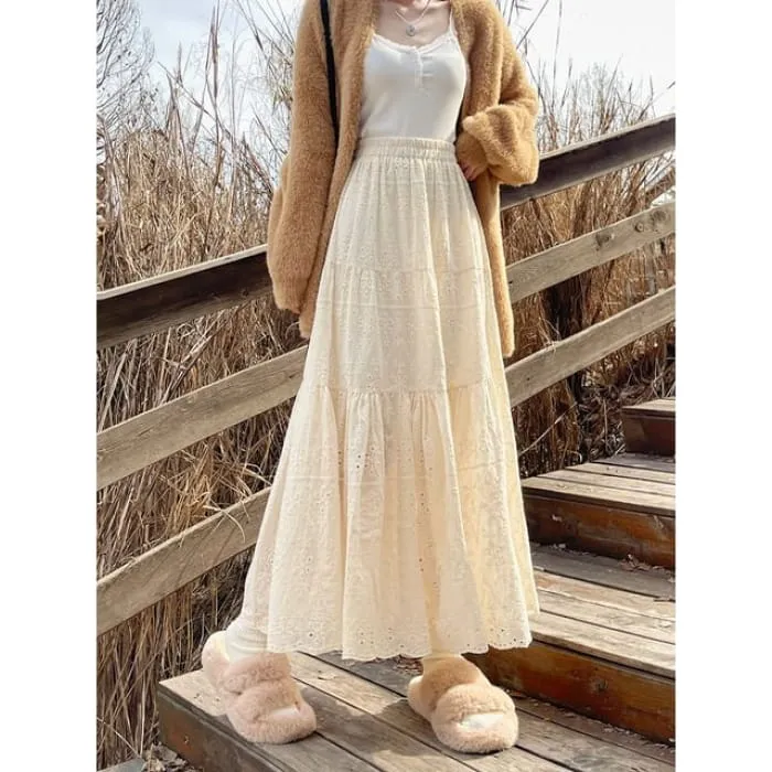 Elastic Waist Embroidered Tiered Midi