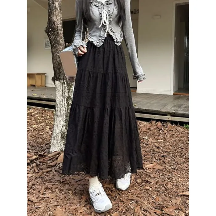 Elastic Waist Embroidered Tiered Midi