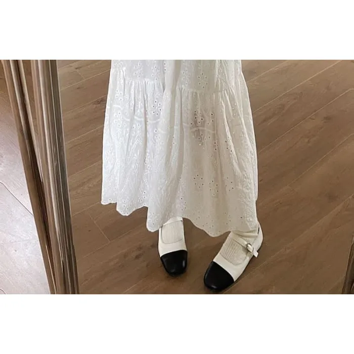 Elastic Waist Embroidered Tiered Midi