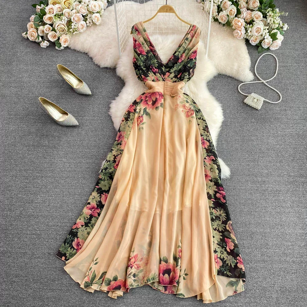 Elegant V-neck Floral Printed Dress