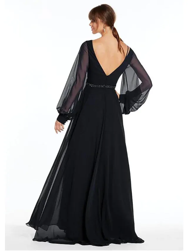 Evening Gown Empire Dress Holiday Floor Length Long Sleeve V Neck Chiffon V Back with Beading