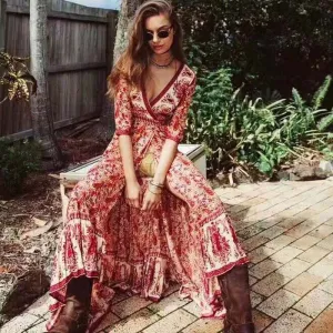 Floral Boho Maxi Dress - V neck