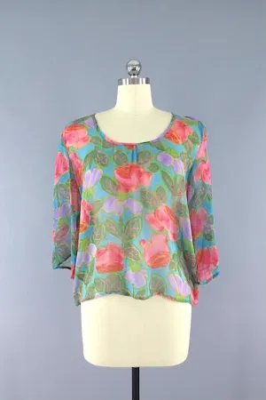 Floral Print Chiffon Blouse made from a Vintage Indian Sari