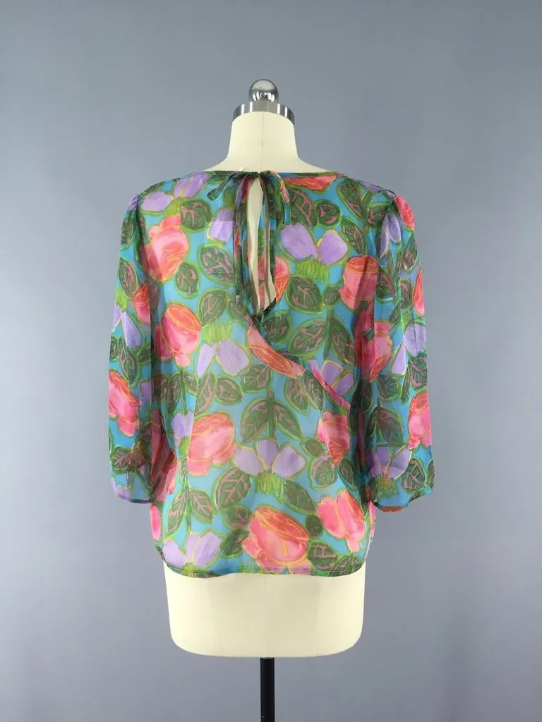 Floral Print Chiffon Blouse made from a Vintage Indian Sari